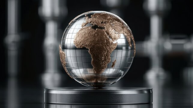Metallic globe with raised textured landmass focused on Africa showing continent in bronze on shiny reflective silver surface with blurred dark background