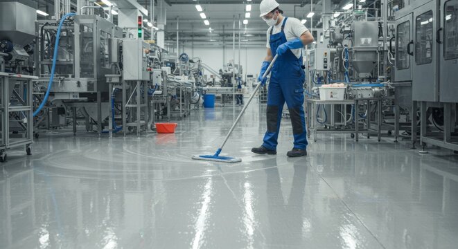 Man mopping wet floor with clean mop in factory. Professional cleaning in production plant. Hygiene and safety maintenance in food processing industry.