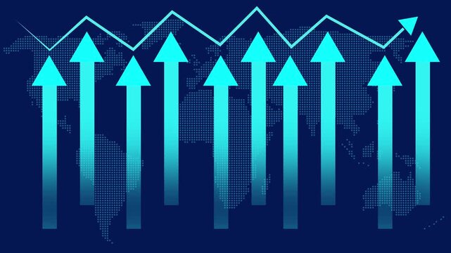 Upward arrows appear over a jagged line graph. These upward arrows signify a sharp financial recovery. Upward arrows animation for market and stock success.
