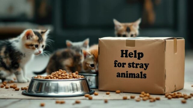 Group of kittens near a cardboard box with help for stray animals text