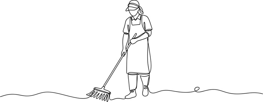 Minimalist line art of a cleaner sweeping the floor with a broom, isolated on white
