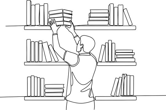 Man Reaching for Books on Shelf - Minimalist Line Art Illustration