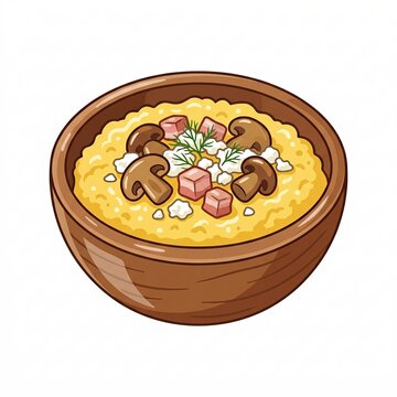 Illustration of a wooden bowl filled with traditional banosh corn porridge topped with mushrooms and bacon