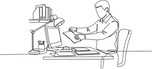 Man working at desk with computer and papers, line art drawing © dinny