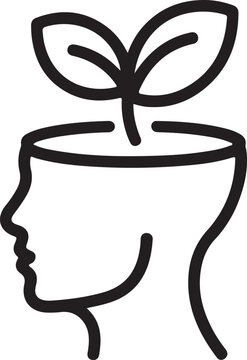 Minimalist black line vector icon illustration of a human head profile with a small sprout growing from the top, symbolizing talent development, personal growth, mental health, and education.