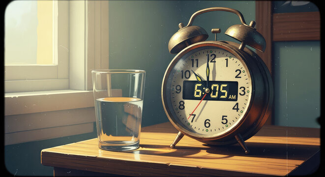Classic alarm clock displaying time of 6:05 am beside a glass of water on a wooden surface