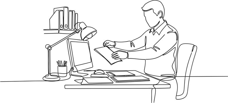 Man working at desk with computer and papers, line art drawing