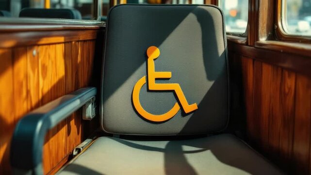 Empty seat with wheelchair symbol in sunlit wooden transit car interior