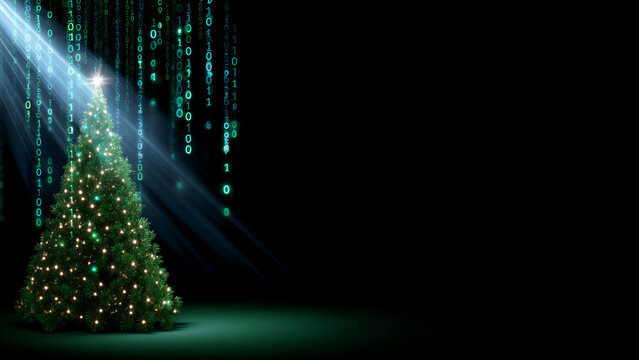 Christmas tree with glowing lights and data stream matrix code on dark background for digital holiday concept.