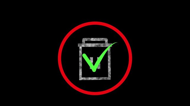 Trash can icon appears with a check mark. This trash can icon confirms a successful file deletion. Trash can icon animation for app and software management.