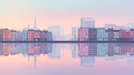 Obraz premium Urban skyline with pastel-colored buildings reflecting on still water at dawn, showcasing spires and modern architecture in a tranquil city setting