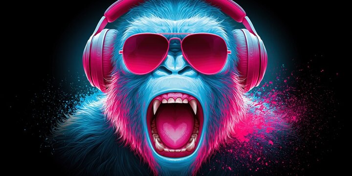 Electric monkey portrait music lover in neon glow