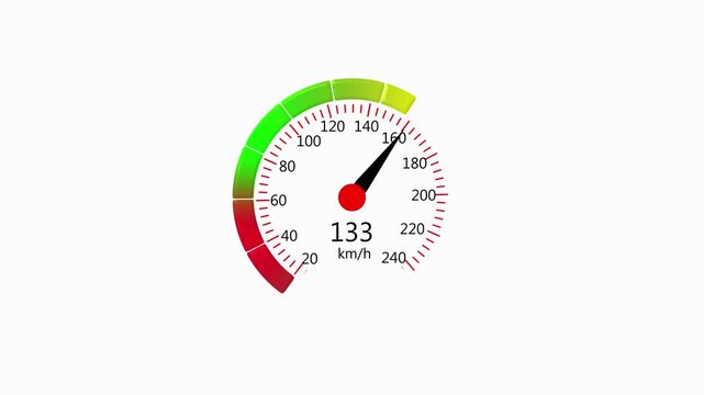 Speedometer gauge displays a seventy nine kmh speed. This speedometer gauge represents a cruise velocity. Speedometer gauge animation for automotive and travel clips.
