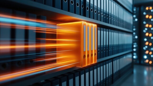 Dynamic orange file folder moving forward rapidly among rows of blue file folders in a modern office storage system with motion blur effect