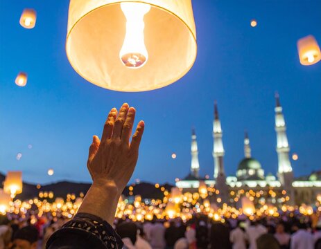 Majestic floating lanterns flying in the night sky during traditional festival celebration
