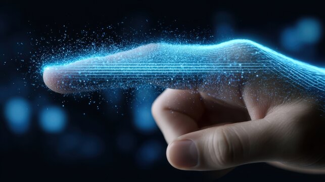 Human finger interacting with digital holographic interface, futuristic technology concept with glowing light effect and data streams in dark background