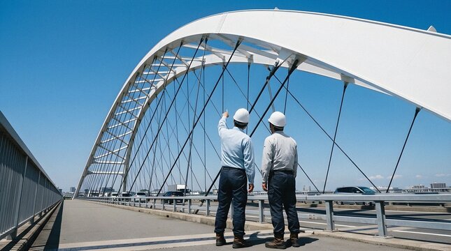 Engineers inspecting a modern architectural bridge under a clear blue sky