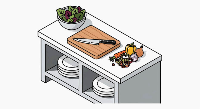 A kitchen counter with a salad bowl, cutting board, knife, and plates on a table