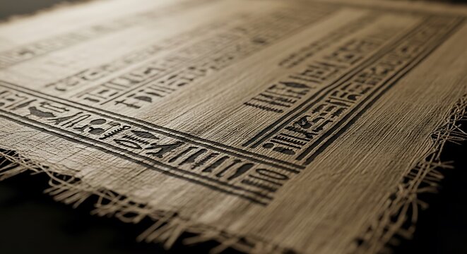 Closeup of an ancient egyptian papyrus scroll with hieroglyphic inscriptions, featuring detailed textures and traditional writing on a weathered surface