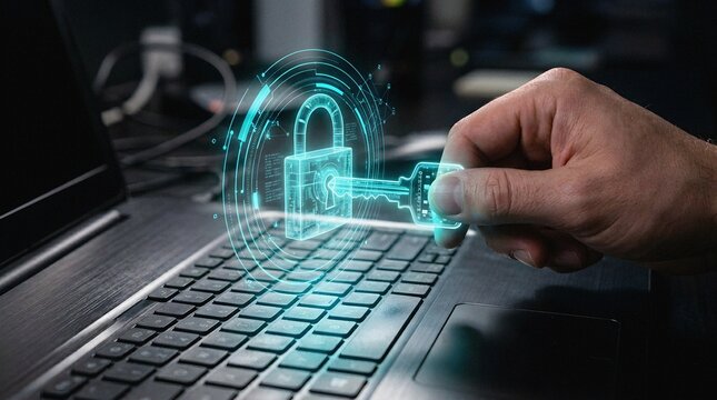 Cybersecurity: Hand unlocking digital padlock on laptop data protection