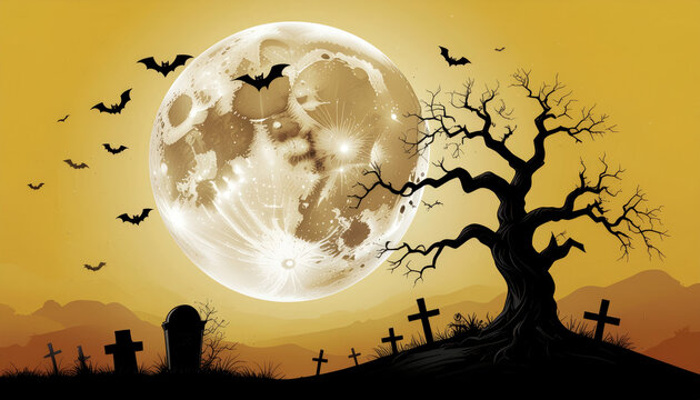 Full moon illuminating halloween spooky graveyard bats flying