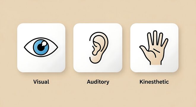 Visual, auditory, and kinesthetic learning styles depicted with simple icons representing eye, ear, and hand.