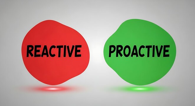 Contrasting concepts of reactive and proactive approaches shown on colored blobs