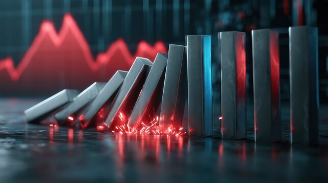 Conceptual image of metal domino falling trying to stop chain reaction with digital red chart graph in background representing financial crisis and risk management