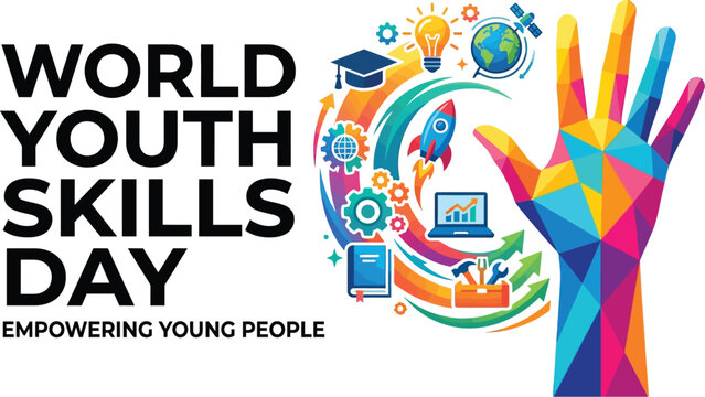 World Youth Skills Day banner with colorful geometric hand illustration and educational icons representing vocational training and career development vector design