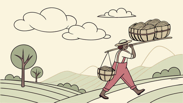Farmer carrying heavy baskets on shoulder pole in rural landscape