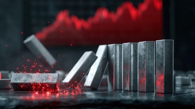 Metallic domino blocks falling and triggering a red glowing effect with blurred stock chart background representing chain reaction and market instability concept