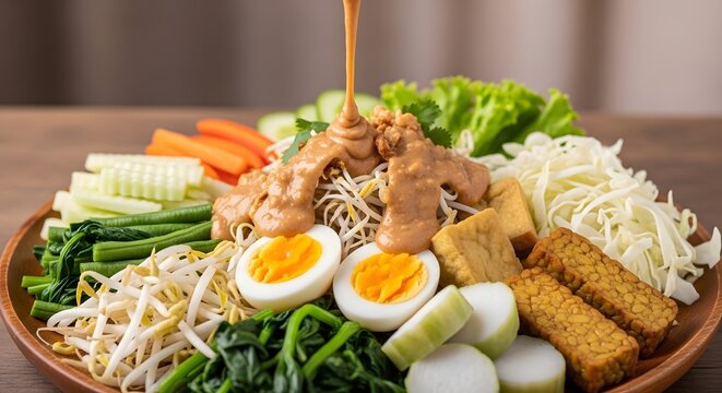 Peanut sauce pouring over fresh Indonesian gado gado salad