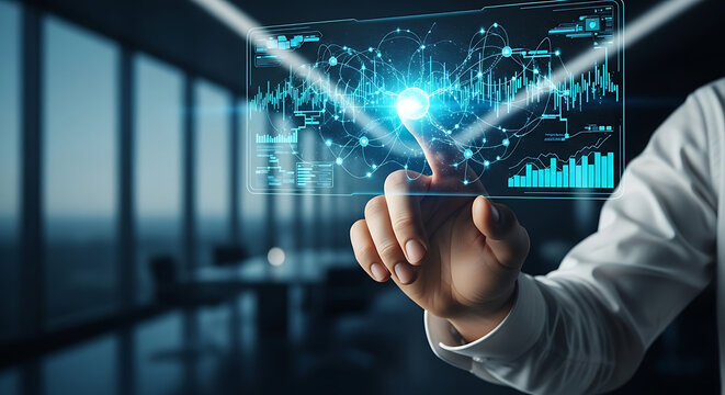 Futuristic data analysis interface with glowing sci-fi graphics and graphs