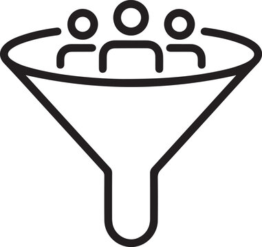 Minimalist black line vector icon illustration of a recruitment funnel with people silhouettes on a white background, representing talent pool selection, lead generation, and HR hiring process.