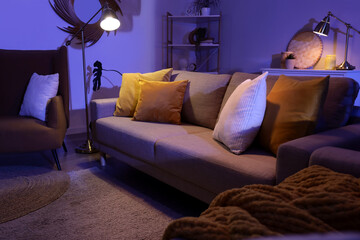 Interior of stylish living room with cozy grey sofas, armchair and glowing lamps at night © Pixel-Shot