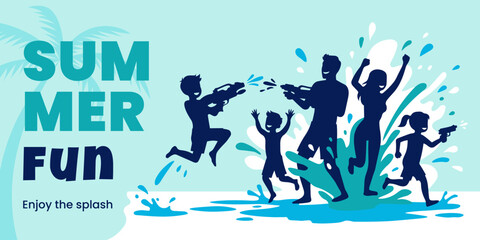 Obraz premium Family silhouettes having water gun fight on sandy beach. Happy man woman and child playing with water splash during summer vacation. Outdoor recreation and active holiday lifestyle.