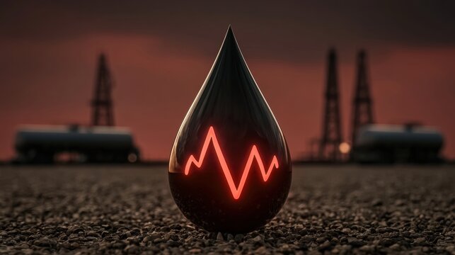 Dark oil droplet with glowing red graph line symbolizing energy market fluctuations on rough ground with industrial oil pump silhouettes at sunset horizon sky