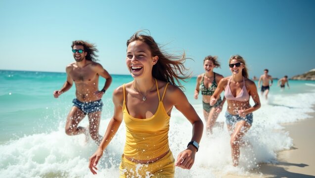 Group of Happy Young Friends Running Along Tropical Beach: Summer Vacation, Travel and Active Lifestyle Concept Illustration
