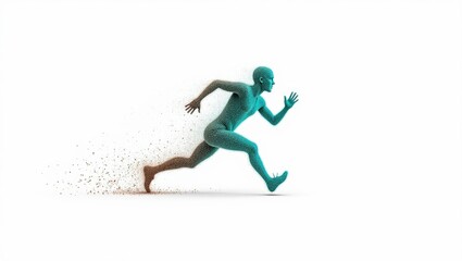 Fototapeta premium Running Man Silhouette Made of Particles on White Background: Speed, Motion, Human Energy and Fitness Technology