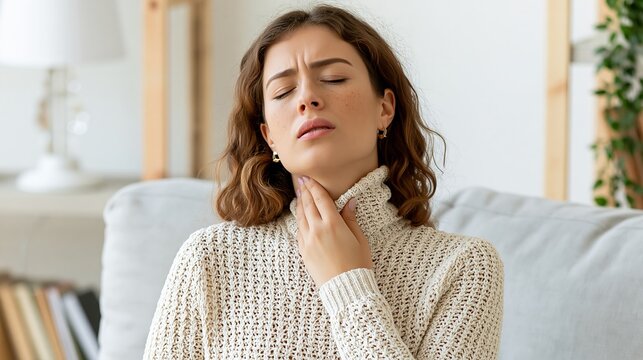 Young woman feels sick. She touches her sore throat and neck, maybe a thyroid issue or acid reflux.