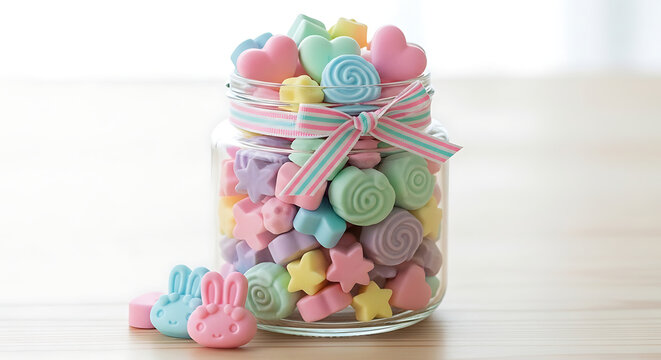 Colorful pastel candy jars with bunny and star shapes decorated with ribbon, sweet treat collection