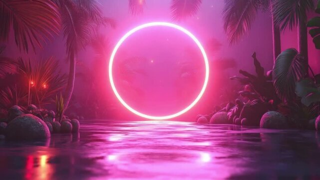 Neon circle portal in mystical tropical jungle with pink glow