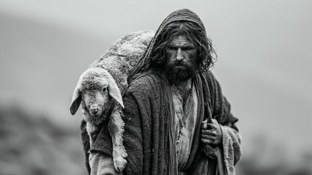 Jesus, like a caring shepherd, carries a lost sheep.