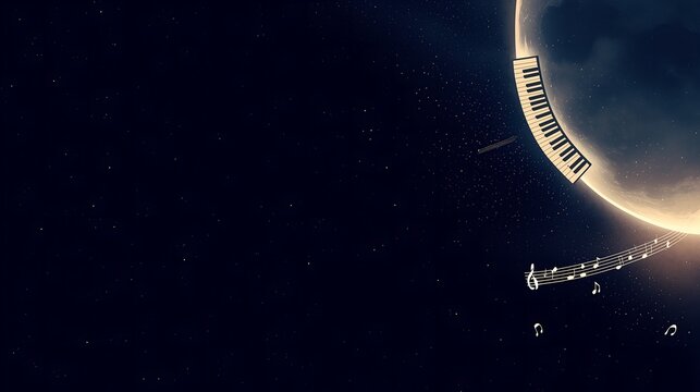 Dreamy night sky with crescent moon piano keys, floating musical notes and sparkling stars. Fantasy art for music poster, meditation app background, moon music party Artemis universe explore style