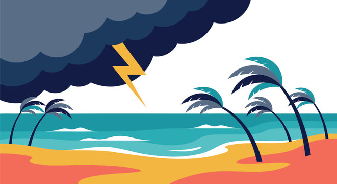 Tropical storm, hurricane weather, palm trees, beach landscape, vector illustration