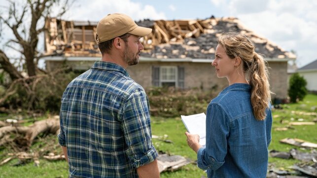 Concerned couple assessing damage to their home after storm disaster discussing insurance claim with documents outdoors in front of ruined house surrounded by debris