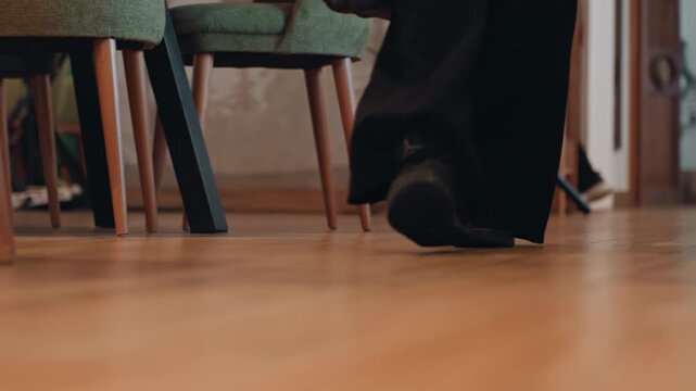 Closeup feet walking on wooden floor, photographer entering studio with tripod in background, black sneakers and wide trousers, slow rhythmic steps, polished parquet reflecting warm ambient light,