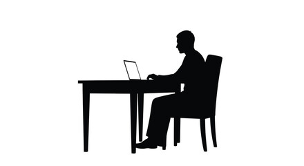 Fototapeta premium Silhouette of a man working on laptop at desk isolated on white background