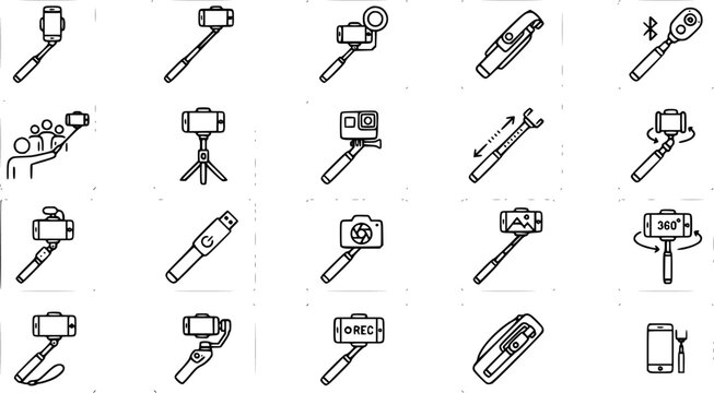 Black and White Line Art Icons: Selfie Sticks, Tripods, Gimbal Stabilizers, and Cameras for Technology