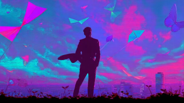 Silhouetted figure stands against surreal, glowing skies. Vibrant kites flutter amid neon-pink and teal clouds. City skyline fades softly behind dreamlike hues. Person gazes upward, lost in wonder